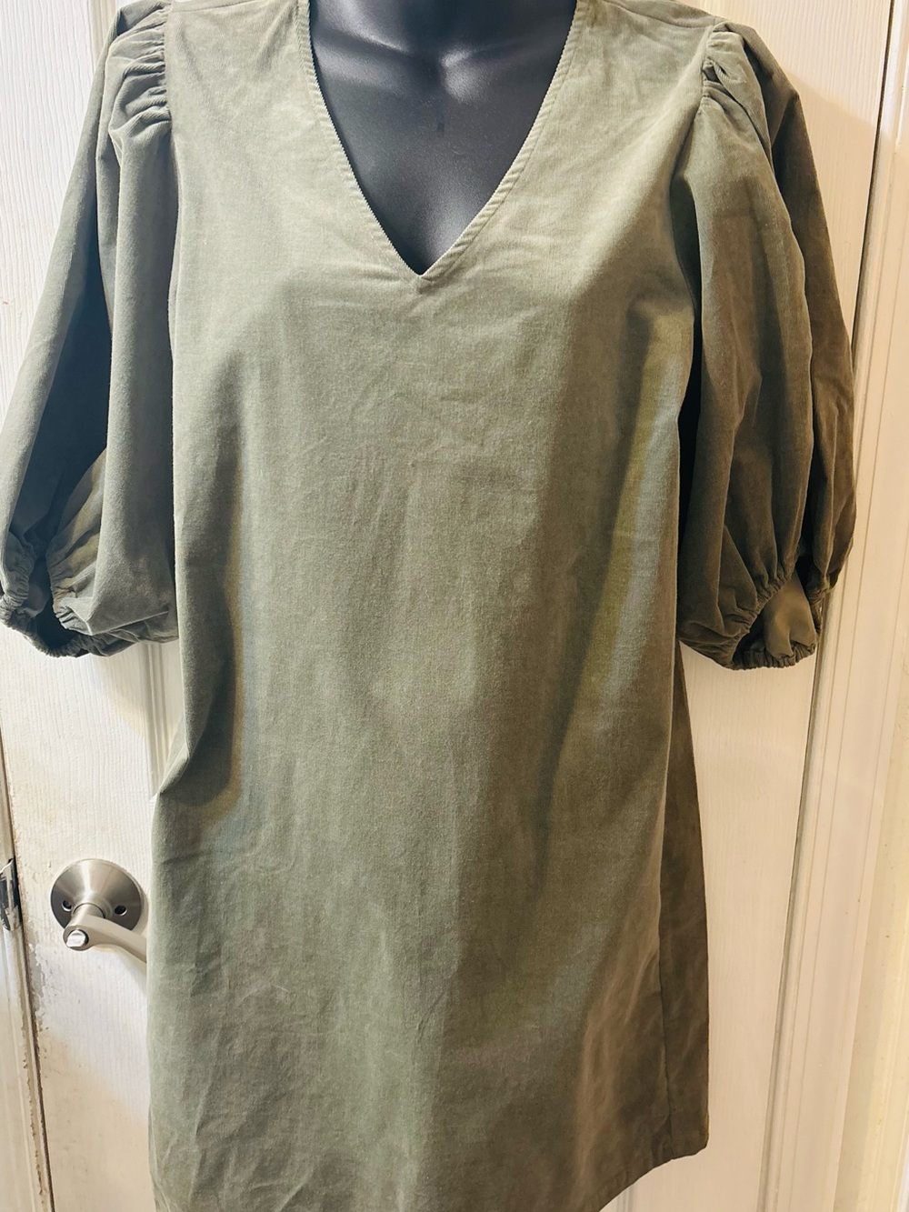 V-Neck Olive Puff-Sleeve Mini Dress